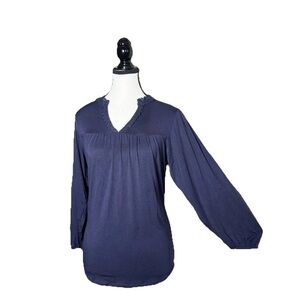 Boden Navy Blue Modal Peasant SZ 4 Top Blouse 3/4 Sleeves Scalloped Lace Flowy